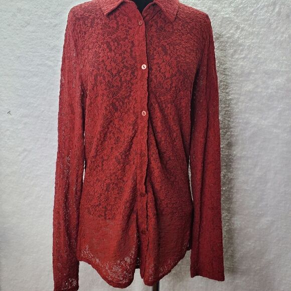 Liz Claiborne Lace Button Down Red Blouse Size Medium - Picture 5 of 16